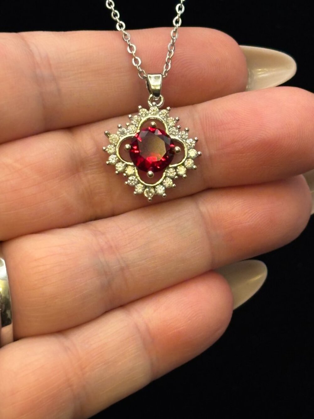 CZ Ruby and Diamond Pendant Necklace